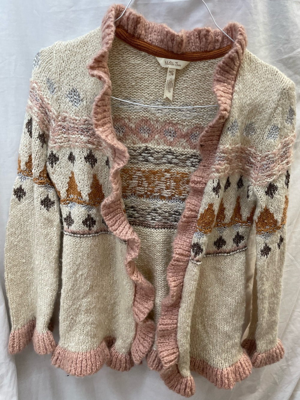 Matilda Jane Girls' Velvet Long-Sleeve sweater- Cream & Pink Ruff sz 14